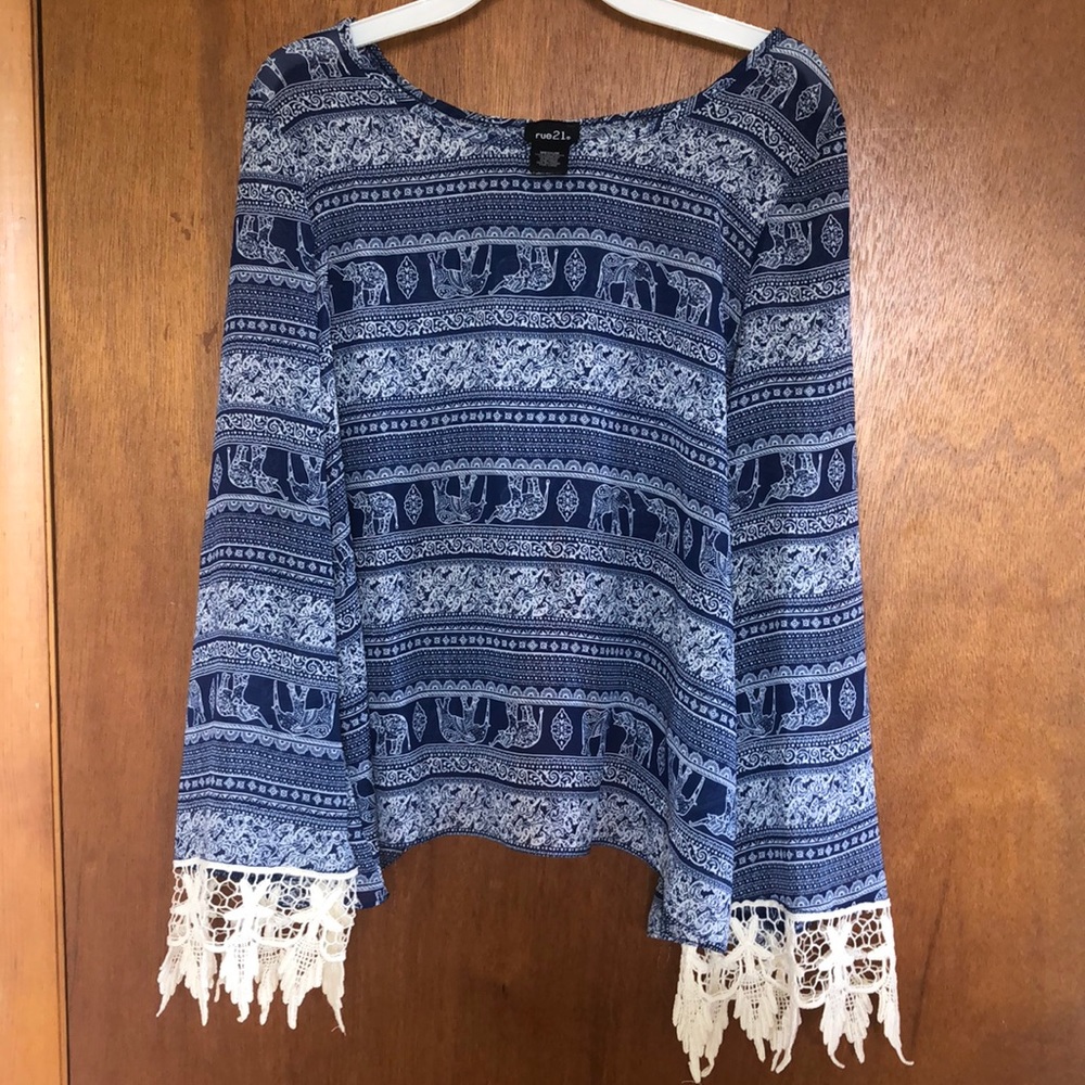 BOHO OPEN BACK Blue Elephant Flowy Shirt